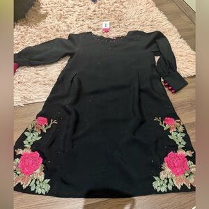 Black Dress with Pink Floral Embroidery